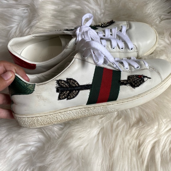 Gucci Shoes Ace Embroidered Arrow White Leather Sneakers Size 8.5 Us Unisex 39 - Picture 2 of 14